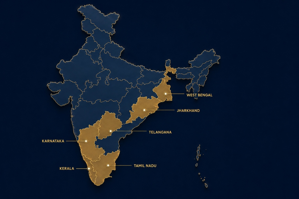 Piarist Fathers Presence in India Map (West Bengal, Jharkhand, Telangana, Karnataka, Tamil Nadu, Kerala)