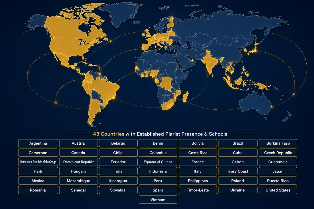 Piarist Fathers Worldwide Mission Map — 43 Countries Across 4 Continents